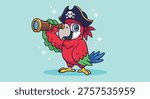 A charming cartoon pirate parrot with a hat and eye patch, holding a telescope and looking for adventure.
