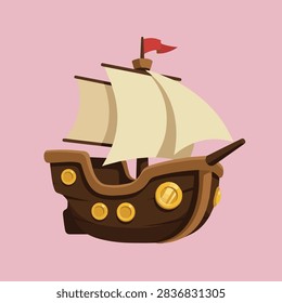 Charming cartoon pirate ship featuring white sails and golden portholes set against a soft pink background ideal for kids design projects