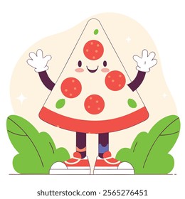 A charming cartoon pizza character perfect for restaurant menus, branding, and marketing materials. This vector illustration features a cute, friendly pizza slice with pepperoni. 