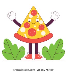 A charming cartoon pizza slice character, perfect for restaurant menus, branding, children's books, or any project needing a fun, food-related mascot. High-quality vector EPS file ensures 