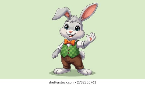 A charming cartoon rabbit, dressed in a green vest and orange bow tie, stands and waves, isolated against a soft green backdrop.