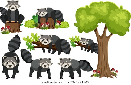Charming cartoon raccoon perched on a branch surrounded by tree elements