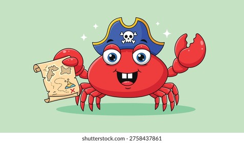 A charming cartoon red crab, dressed as a pirate with a blue hat and skull emblem, happily holds a rolled-up treasure map.
