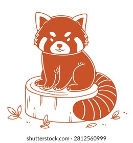 A charming cartoon red panda sitting on a wooden log with a striped tail, rendered in a simple line art style.