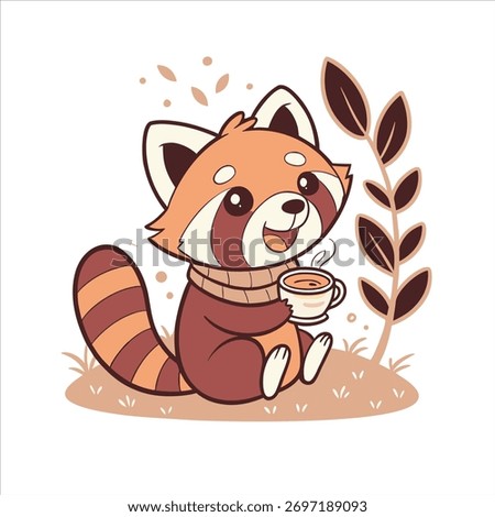 A charming cartoon red panda, wearing a cozy scarf, sits happily on the ground, holding a steaming cup of coffee or tea amidst autumn leaves.