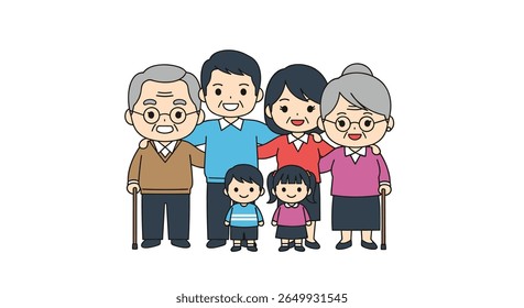 Charming cartoon representation of a joyful multi generational family group gathering together