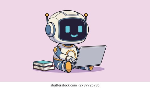 A charming cartoon robot character is depicted sitting on the floor, engrossed in using a laptop. A stack of books rests beside it, suggesting learning or work.