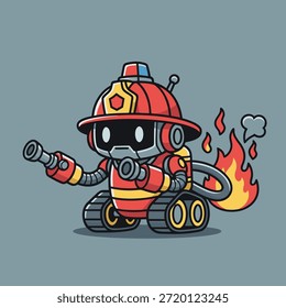 Ein charmanter Cartoon-Roboter, der als Feuerwehrmann verkleidet ist, mit Helm und Schlauch ausgestattet ist und aktiv gegen die Flammen kämpft.