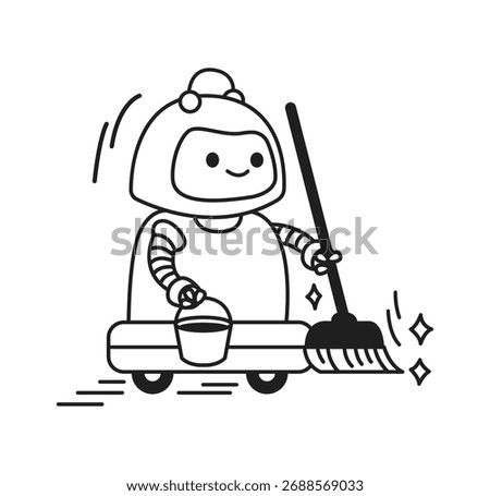 Charming cartoon robot happily sweeping floor. It carries a bucket with a joyful expression. Minimalist black and white style conveys advanced automation and efficiency.