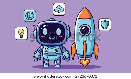 A charming cartoon robot stands beside a rocket, surrounded by various technology-related icons, symbolizing innovation and progress.