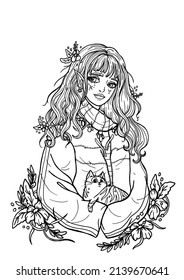 Charming cartoon schoolgirl close-up, cute magical girl with pointed ears and big eyes, with long hair and glowing flowers, fairytale character in a sports jacket with a tabby cat in her arms.