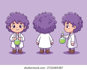 Ein charmanter Comic-Wissenschaftler aus verschiedenen Blickwinkeln, der einen Kolben mit grüner Flüssigkeit hält.