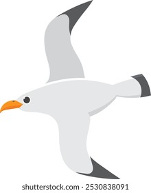 Charming cartoon seagull gracefully soaring with wings spread wide, capturing freedom and flight. Perfect for various projects