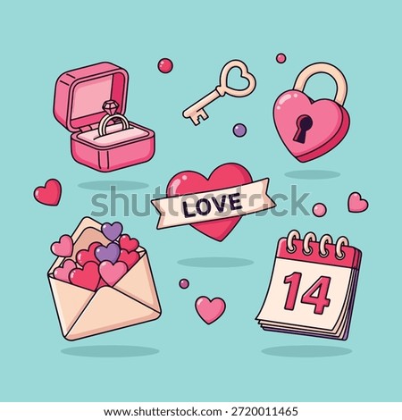 A charming cartoon set of Valentine's Day symbols: engagement ring, heart key, padlock, 'LOVE' heart, heart-filled envelope, and February 14 calendar.