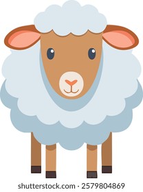 A charming cartoon sheep with a fluffy white wool coat and a light brown face. It has warm brown ears, black hooves, and a friendly expression, making it look adorable