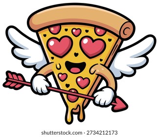 Uma charmosa fatia de pizza de desenhos animados com asas e corações representando amor e afeto em fundo transparente de alta qualidade profissional detalhado moderno elegante elegante limpo crocante