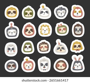 Charming cartoon sloth face set created for and scandinavian style with cute animal friendly character head for yours illustration and creative designs projects