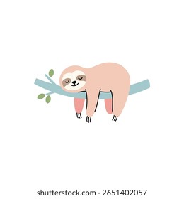 A charming cartoon sloth relaxes on a branch, showcasing its adorable and lazy nature. The pastel colors create a whimsical and cheerful atmosphere. Perfect for playful designs.