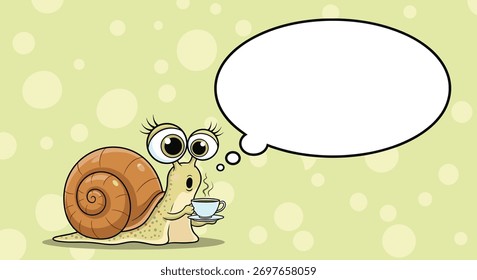 A charming cartoon snail holds a steaming cup of tea, deep in thought with a blank speech bubble ready for a message.