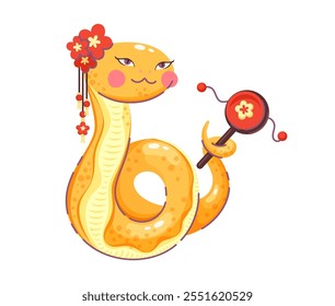 Encantador personaje de serpiente de dibujos animados adornado con vibrantes flores rojas, celebrando el Año Nuevo Lunar 2025 con tambor tradicional chino y expresión lúdica, que simboliza la positividad y la Renovación