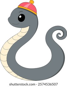 A charming cartoon snake with a gray body, cream colored underbelly, and a red traditional hat, depicted with a friendly expression