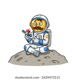 A charming cartoon spaceman with a yellow-tinted helmet and expressive eyes, holding a red toy satellite on the moon.