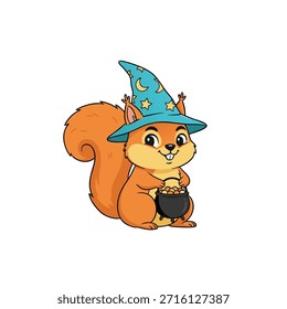 Una encantadora ardilla de dibujos animados vestida como un mago, con un sombrero azul estrellado y sosteniendo una olla negra llena de monedas de oro.