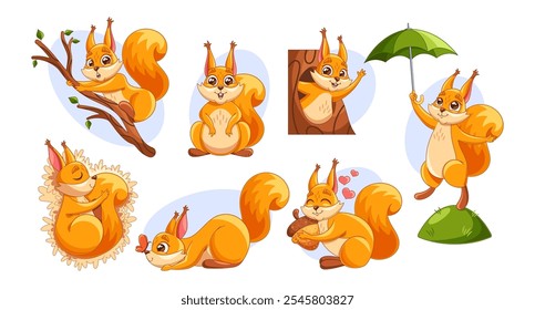 Charming Cartoon Squirrels Showcase Different Playful And Imaginative Poses, From Climbing Trees To Holding An Umbrella, Expressing Joyful And Whimsical Characters In Bright And Colorful Illustration