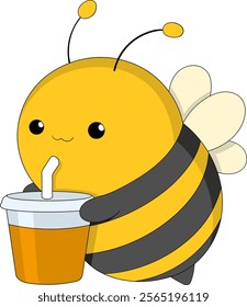 A charming cartoon style bee holding a honey drink with a cheerful expression, designed in vibrant yellow and black tones