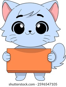 A charming cartoon style blue cat with big expressive eyes holding a blank orange banner, perfect for adding custom messages.
