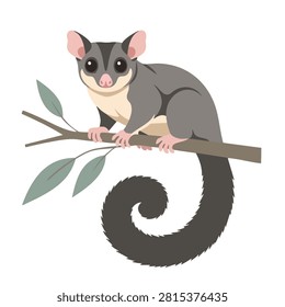 A charming cartoon style illustration of a sugar glider perched on a eucalyptus branch with a long curly tail.