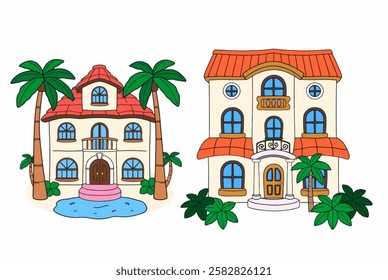 
A charming cartoon style villa featuring a terracotta roof, arched windows, and decorative palm trees, ideal for vacation themed sticker packs.