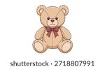 Charming cartoon teddy bear with visible stitching and a lovely purple-pink bow tied neatly around its neck, in a sitting pose.
