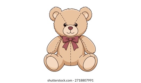 Encantador oso de peluche de dibujos animados con costuras visibles y un hermoso lazo púrpura-rosa atado prolijamente alrededor de su cuello, en una pose sentada.