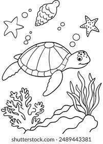 Charming Cartoon Turtle Family in a Sunny Outdoor Scene Coloring Page