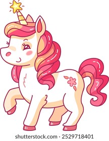 Un encantador unicornio de dibujos animados con una melena rosa vibrante y un cuerno brillante se para alegremente. El diseño presenta colores pastel y patrones lúdicos que atraen a los niños.