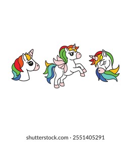 Encantadores unicornios de dibujos animados con melenas y colas de arco iris - diseño caprichoso sobre fondo blanco