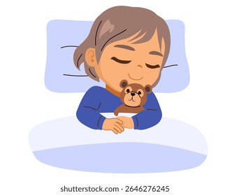 Charmosa ilustração de vetor de desenhos animados de um menino dormindo profundamente enquanto segura um urso de pelúcia macio. Conceito de desenho para acolhedor cena de cama perfeito para conteúdo de paternidade, marcas de bebê e design de berçário