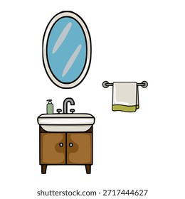 Charme desenho animado vetor ilustração de uma vaidade de banheiro com um espelho oval, sabonete dispensador, e toalha rack.