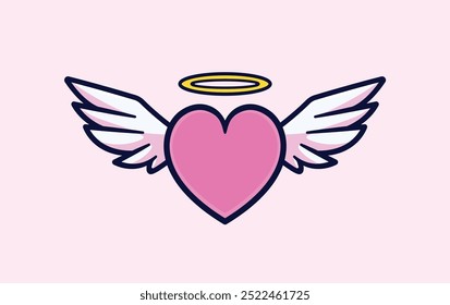 Charming Cartoon Vector Illustration of a Cute Pink Heart with Angel Wings and Halo for Romantic and Whimsical Design