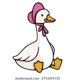 Encantadora Ilustración vectorial de dibujos animados de un lindo ganso con un sombrero y un lazo rosados, sentado con una expresión amigable.
