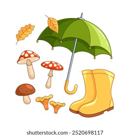 Charming Cartoon Vector Illustration Depicting a Variety of Autumn Elements Including a Green Umbrella, Rain Boots