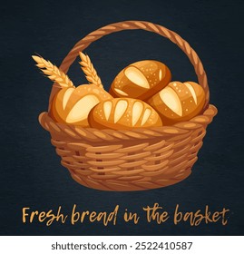 Charming cartoon vector illustration of rustic farmhouse basket with freshly baked bread. Crispy loaves for breakfast, lunch, or a gourmet snack. Warmth of homemade goodness. Versatile vector