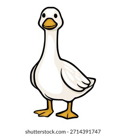 A charming cartoon vector illustration of a white goose with bright orange webbed feet and a yellow beak, rendered in a simple, clean style with bold black outlines, perfect for children's books or...