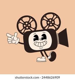 Charming cartoon video camera figure, reminiscent of classic animations from the 60s and 70s, featuring amusing characters. 