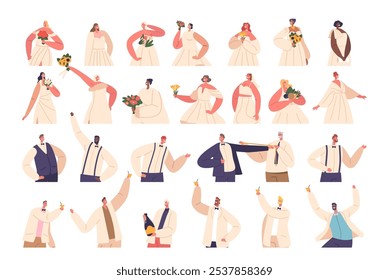 Charming Cartoon Wedding Characters Brides and Grooms Display Different Poses And Expressions, Vector Illustration