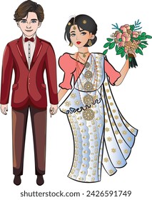 
Charming cartoon wedding couple: Traditional bride, Western groom, united in love, holding hands.