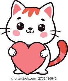 A charming cartoon white cat with orange markings holding a large pink heart