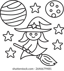 A charming cartoon witch on a broomstick, surrounded by stars, a striped planet, and a cratered moon, all isolated on a white background. Perfect for Halloween designs.