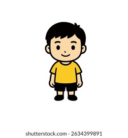 A charming cartoon of a young boy in a yellow shirt and black shorts stands confidently against a plain white background. Perfect for educational materials, children's books, or cheerful graphic desig
